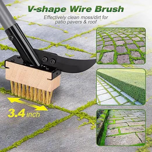 Walensee 3-in-1 Crack Weeder & Moss Remover Brush with 66.5-Inch Adjustable Handle, Weed Puller with 2 Replaceable Brush Heads and Scraper for Deck, Patio, Walkway, Driveway Crevice Cleaning Tool by GreenHaven Gardens