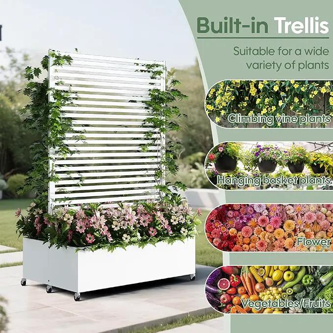 Double Metal Planter Box with Trellis Privacy Screen, Raised Garden Bed with Trellis & Wheels, Planter Box Outdoor with Drainage Holes for Climbing Plants, Vegetable, Vines,73"x 47"x 30", White by GreenHaven Gardens