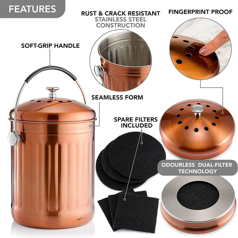 RED FACTOR Premium Compost Bin for Kitchen Countertop - Stainless Steel Food Waste Bucket with Innovative Dual Filter Technology - Includes Spare Filters (Matt Copper, 1.3 Gallon) by GreenHaven Gardens