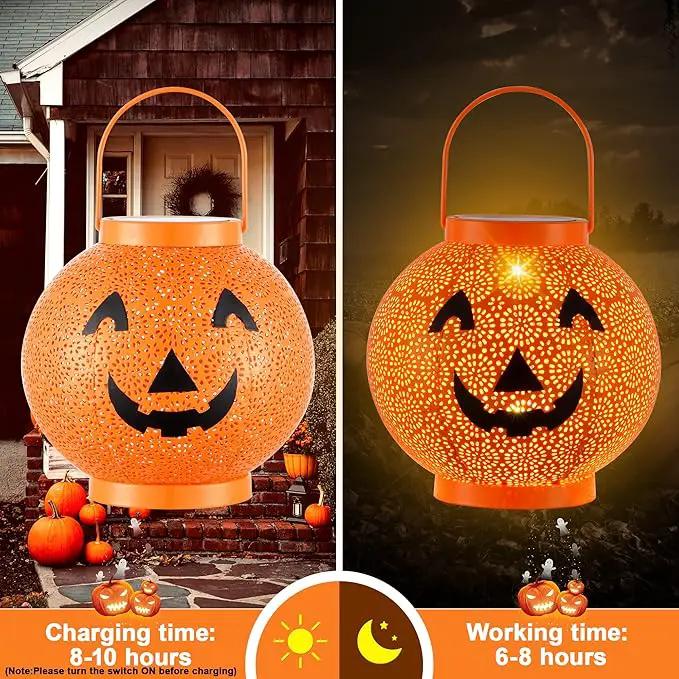 Halloween Decoration Hanging Solar Lantern Outdoor - Solar Powered Pumpkin Led Jack-O Lights, Waterproof Halloween Decor Metal Round Lantern for Yard, Patio, Pathway, Porch, Lawn, Garden, Outside by GreenHaven Gardens