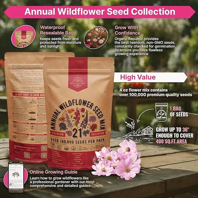 Organo Republic 21 Annual Wildflower Seeds Mix for Indoor & Outdoors. 100,000+ Non-GMO, Heirloom Wildflower Garden Seeds, 4oz Packet for Growing Wild Flowers to Attract Bees, Butterflies & Birds by GreenHaven Gardens