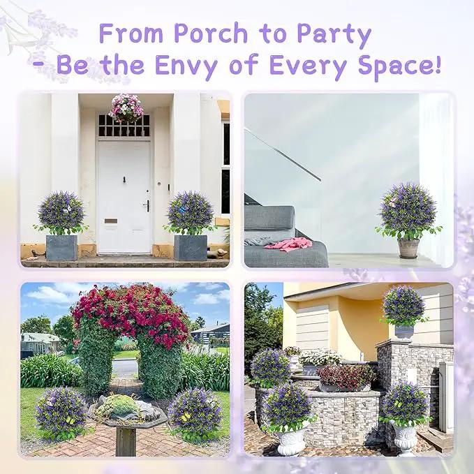 28" Artificial Boxwood Topiary Ball with Lavender, UV Resistant Topiary Tree Faux Boxwood Ball Shaped Porch Bushes with Ground Spike Artificial Bushes for Outdoors Front Door Decor Home Garden by GreenHaven Gardens