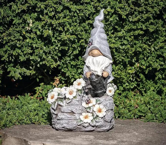 Roman, 13.5" H Gnome and Flowers Garden Fountain, Outdoor Decor, Decorative Garden Statue by GreenHaven Gardens