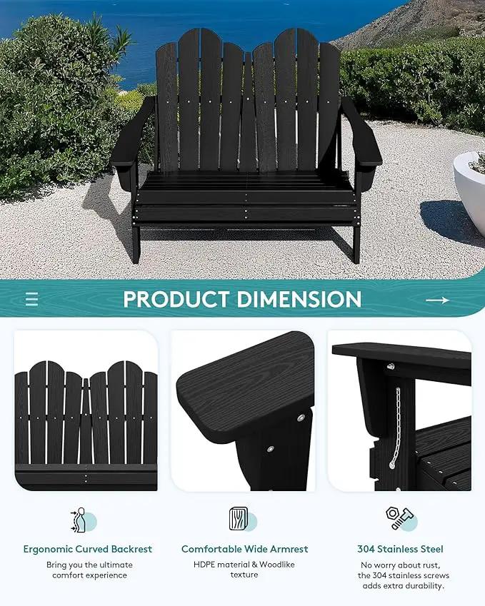 SERWALL 2 Person Adirondack Loveseat, HDPE All-Weather Folding Adirondack Bench Chair, Outdoor Adirondack Chair Set of 4, Black by GreenHaven Gardens