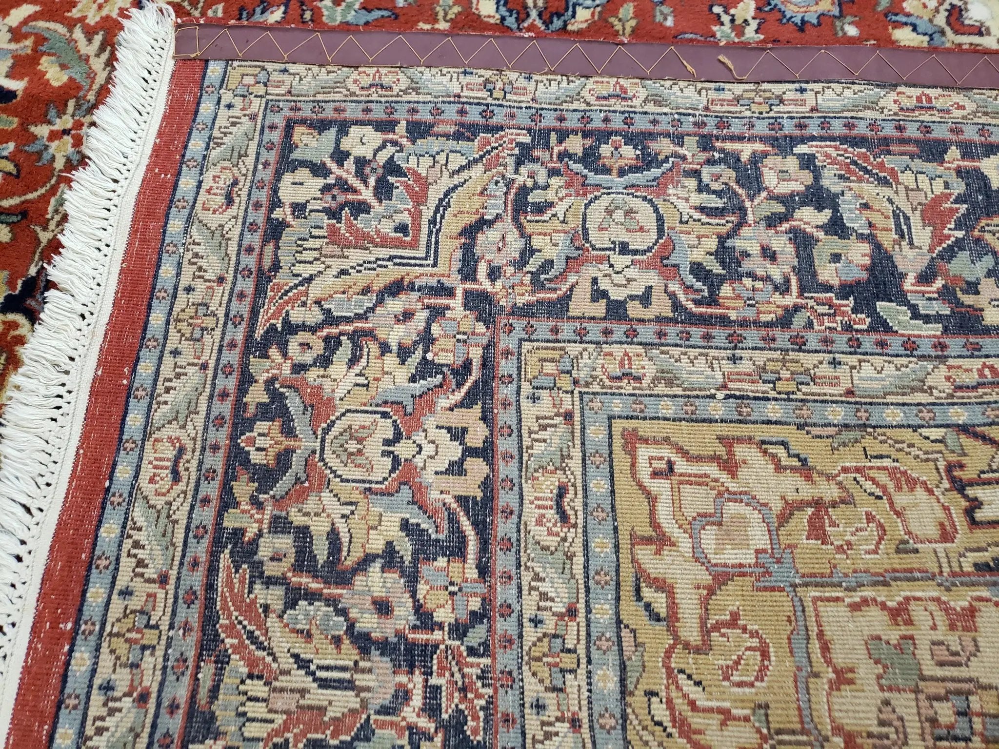 Vintage Indo Persian Oriental Rug 6 x 9.6, Wool Hand-Knotted Red Dark Blue & Gold Indian Carpet, 6 x 9 Office Room Rug, Floral Medallion by Jewel Rugs