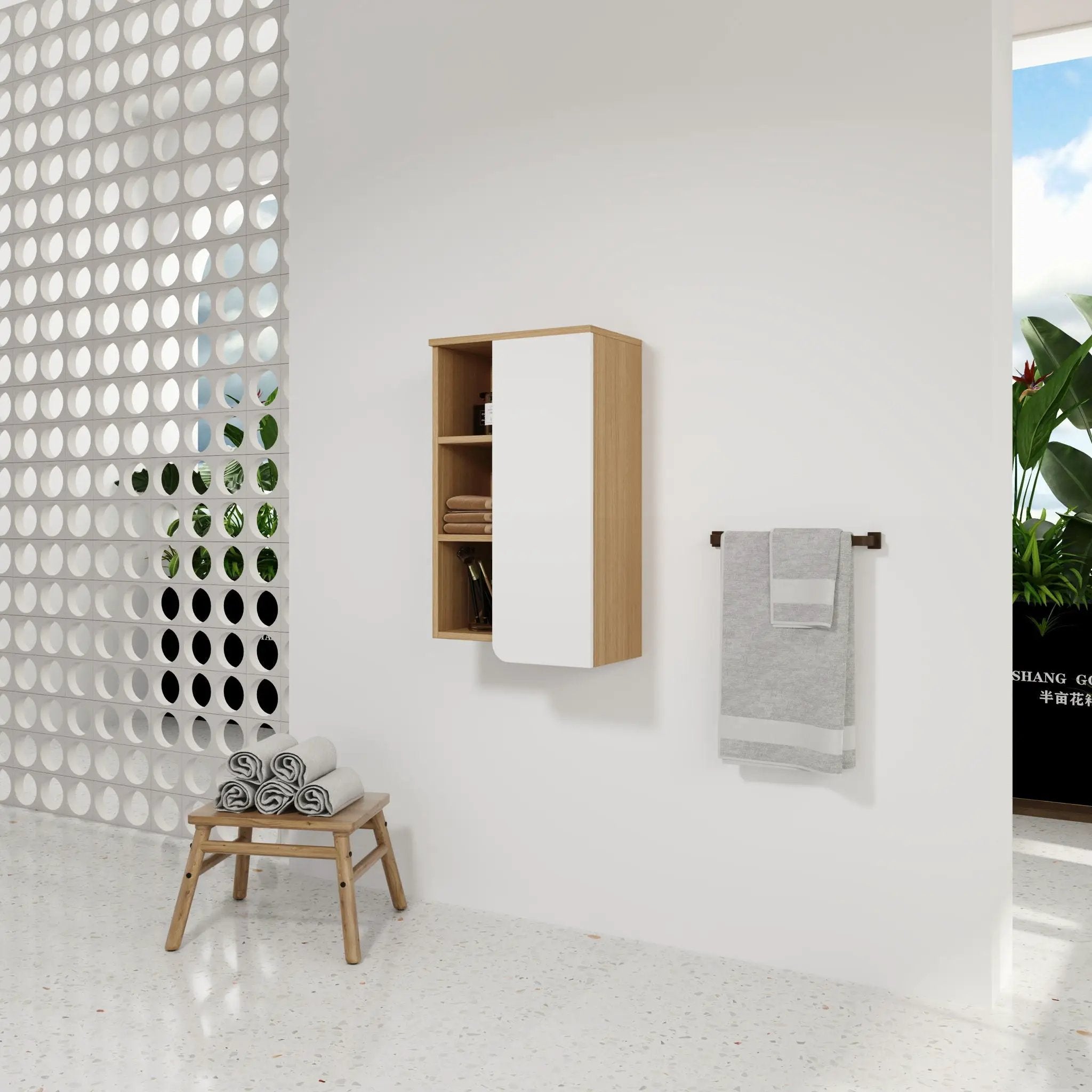 Wall Mounted Bathroom Side Cabinet, Single Door With 3 Tier Open Shelves - Black / Light Oak / White by HouseOfZazla