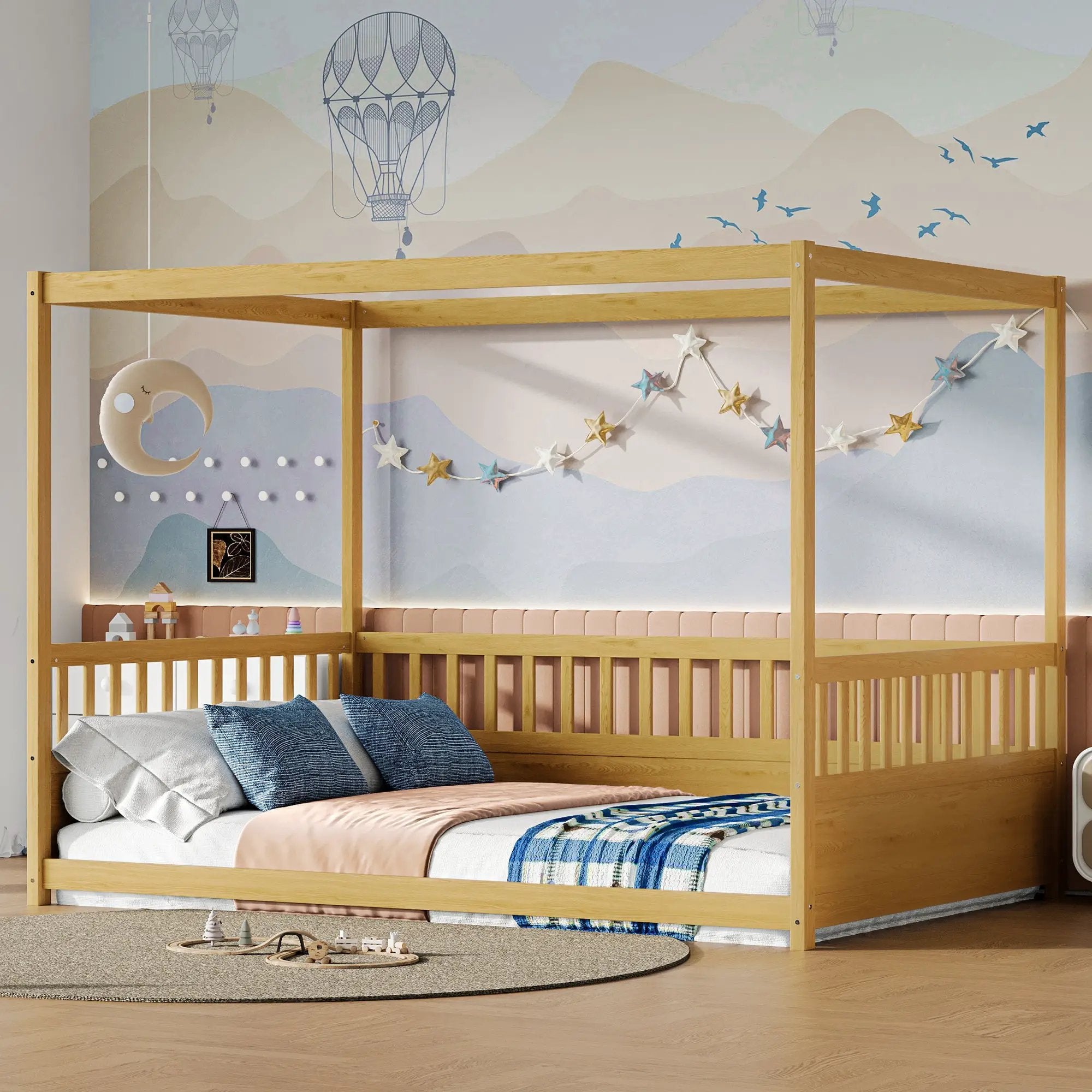 Full Size Canopy Bed Frame with Guardrails for Kids by HouseOfZazla
