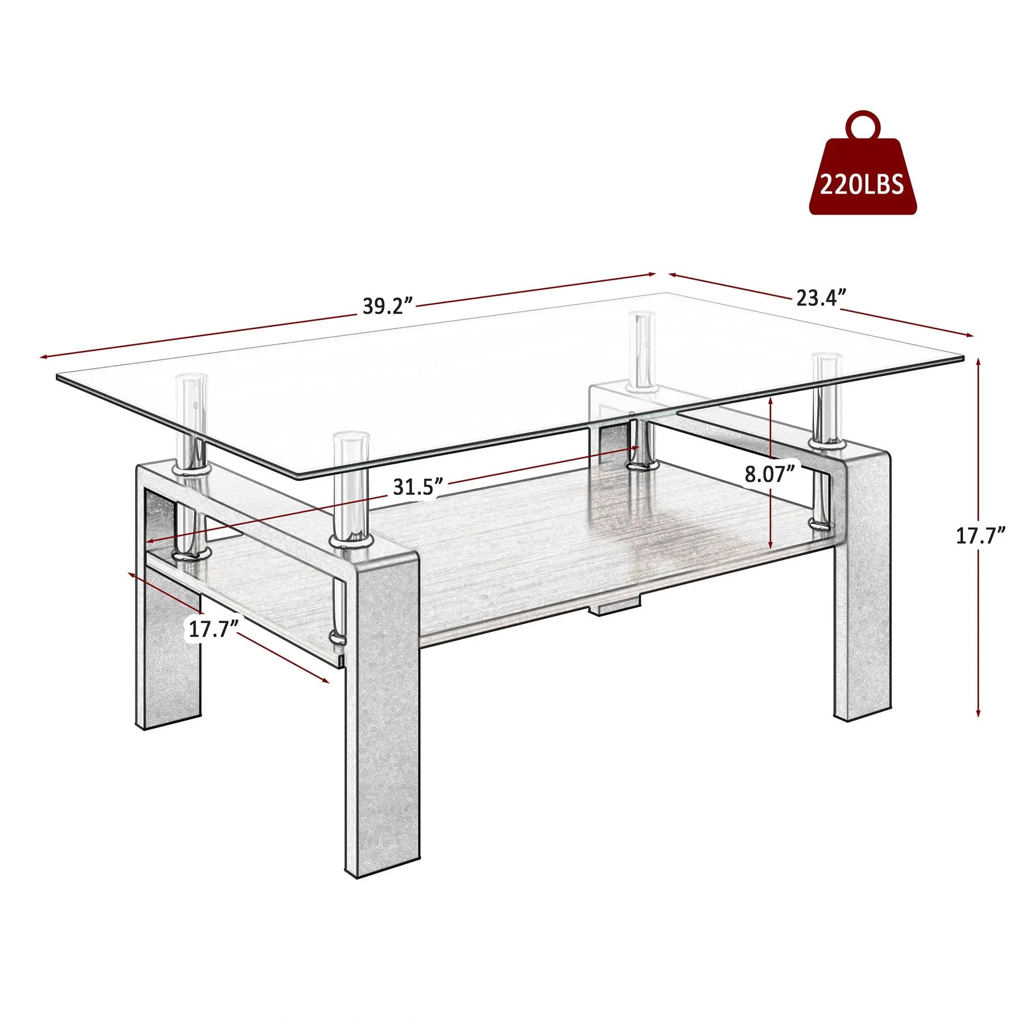 Modern Rectangular Coffee Table With Tempered Glass Top Layer, Table For Living Room - Transparent by Unique Piece Furniture
