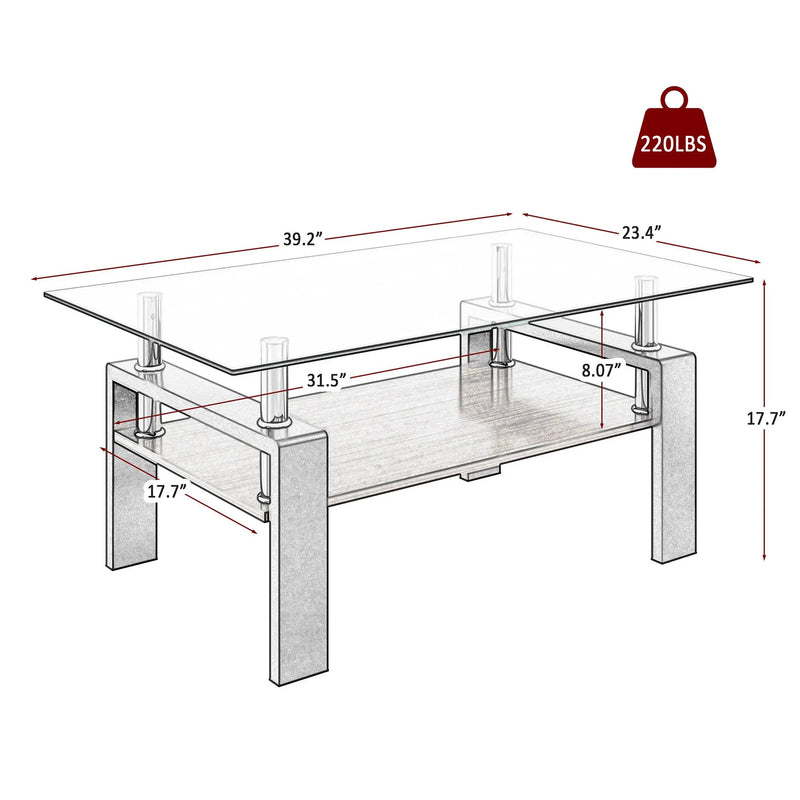 Modern Rectangular Coffee Table With Tempered Glass Top Layer, Table For Living Room - Transparent by Unique Piece Furniture