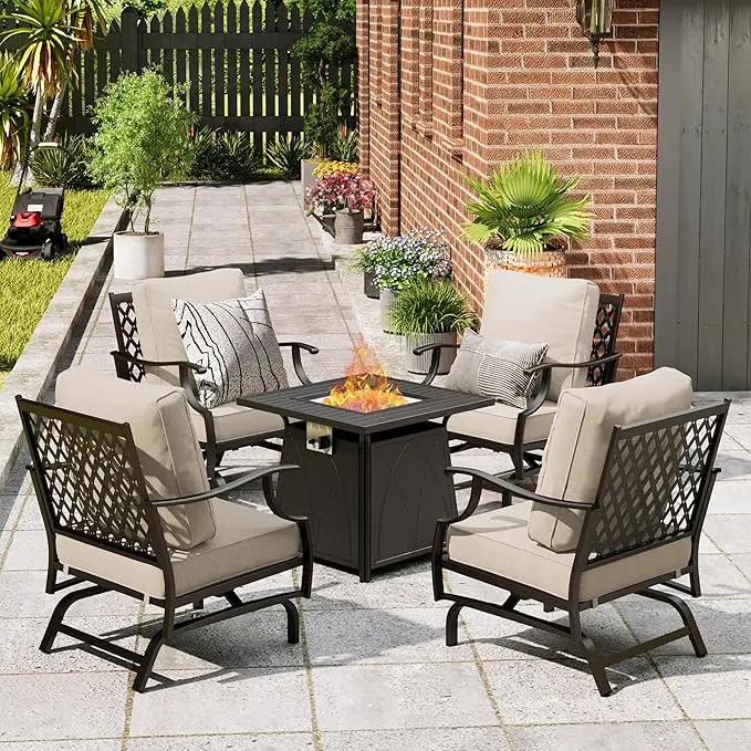 Patio Furniture Set with Fire Pit Table, 5 Pcs Metal Outdoor Conversation Set, 4 Rocking Chairs with 5.75" Extra Thick Cushion and 28" Fire Pit Table for Backyard Deck, Beige by GreenHaven Gardens