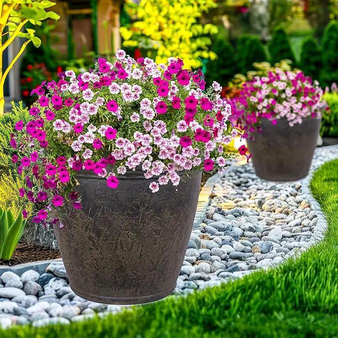 Sunnydaze 24-Inch Anjelica Large Plastic Pot for Plants - Outdoor Polyresin Round Planter with Drillable Drainage Holes - Sable - 4pk