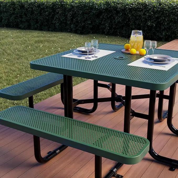 Metal Picnic Tables for Outdoors with Umbrella Hole - Coated Steel Heavy Duty Commercial Grade Table with Adjustable Seats (Green, 46 in, Square, Punched Steel) by GreenHaven Gardens