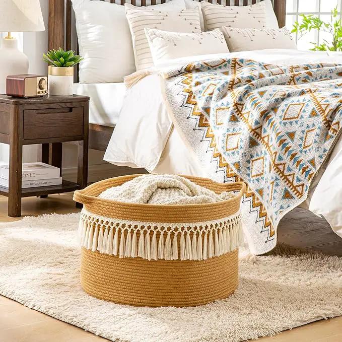 KAKAMAY Large Blanket Basket (20"x13"),Woven Baskets for storage Baby Laundry Hamper, Cotton Rope Blanket Basket for Living Room, Laundry, Nursery, Pillows, Baby Toy chest (Brown Fringe) by GreenHaven Gardens