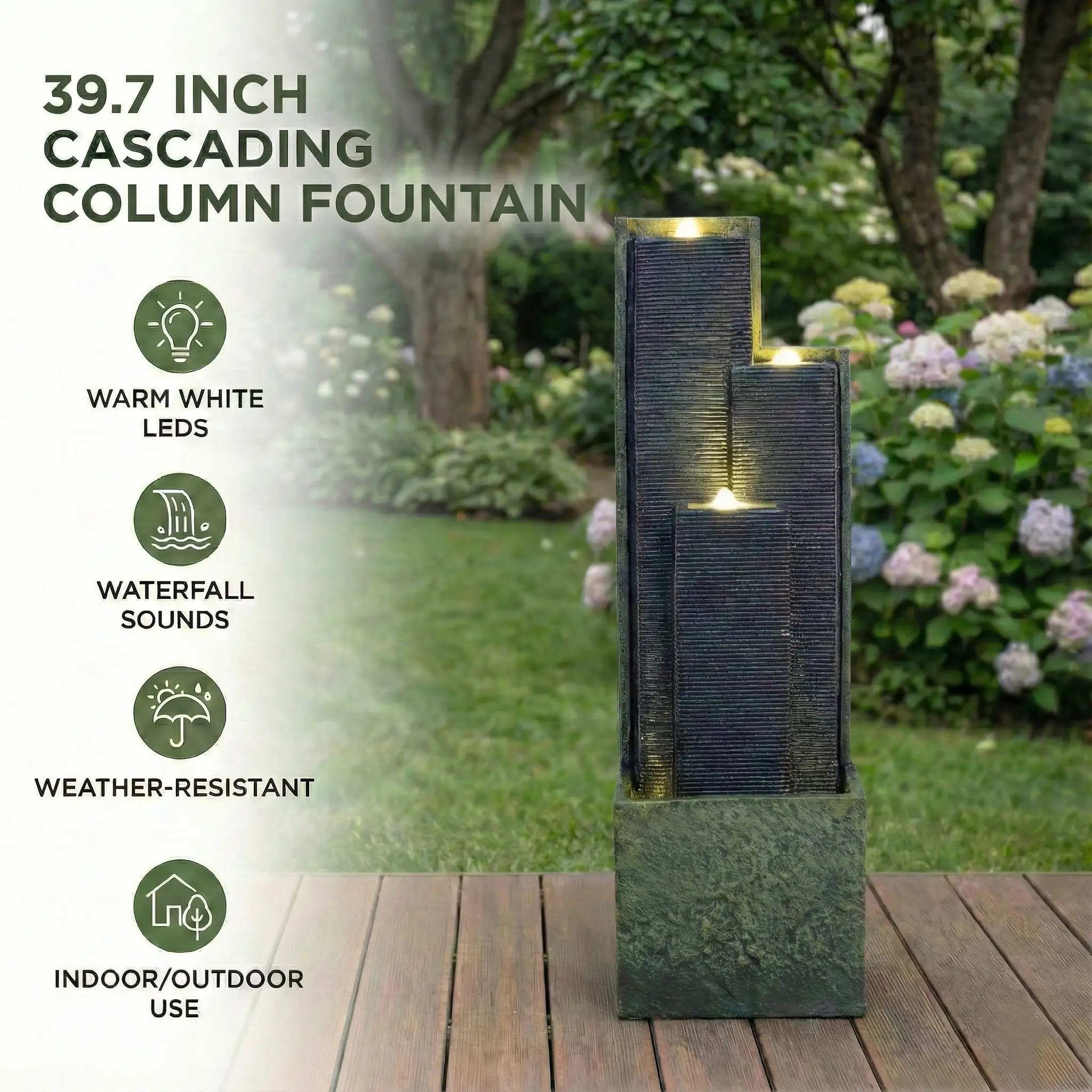 39" H Outdoor Water Fountain Modern Cascading Freestanding Fountain with LED Lights for Garden Patio Porch Lawn by HouseOfZazla