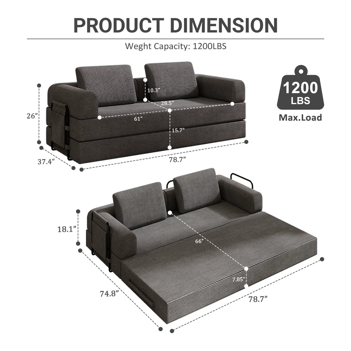 Convertible Sleeper Sofa Bed With Cylindrical Pillow, Fixed Shape Frame by Unique Piece Furniture