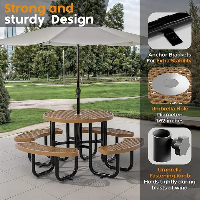 Metal Picnic Tables for Outdoors with Umbrella Hole - Coated Steel Heavy Duty Commercial Grade Table with Adjustable Seats (Brown, 38 in, Round, Expanded Steel) by GreenHaven Gardens