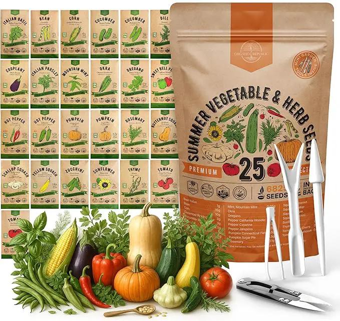 Organo Republic 25 Summer Vegetable & Herb Garden Seeds Variety Pack - 6,820+ Non-GMO Heirloom Veggie & Herb Seeds for Outdoors & Indoor Home Gardening: Tomato, Okra, Bean, Cucumber, Basil, Rosemary by GreenHaven Gardens