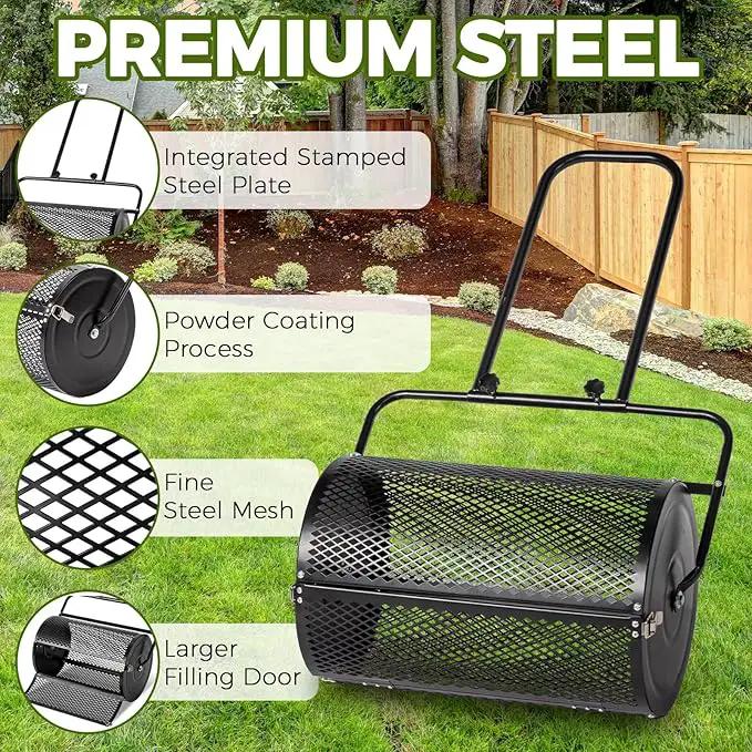 Outvita Compost Spreader and Peat Moss Spreader, 24" Push/Tow-Behind Roller Lawn Spreader with Steel Mesh Basket Garden Spreader for Spreading Manure Mulch Topsoil by GreenHaven Gardens