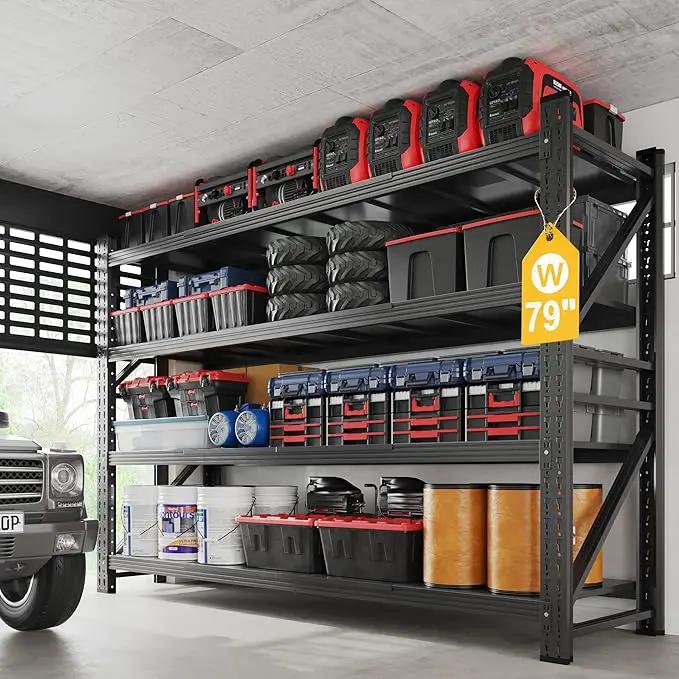 7000LBS Metal Steel Storage Shelves - 78.7" W Black 4 Tier Heavy Duty Rack Commercial Industrial Shelving with Adjustable Shelf for Basement Garage Warehouse - 78.7" W x 24" D x 78.7" H by GreenHaven Gardens