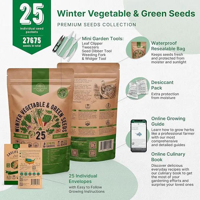 Organo Republic 25 Winter Vegetable & Green Seeds Variety Pack for Outdoors & Indoor Home Gardening 27670+ Non-GMO Heirloom Seeds: Broccoli Beet Carrot Collard Lettuce Radish Spinach Pea Kohlrabi by GreenHaven Gardens