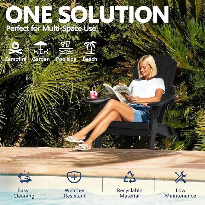 Folding Adirondack Chair Set of 3 with Cup Holder, HDPE All Weather Resistant Plastic Outdoor Patio Chairs, Heavy Duty Fire Pit Seating for Backyard Lawn Garden, Wooden Textured Design(Black) by GreenHaven Gardens