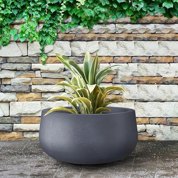 Kante 15.7" Dia Round Concrete Planter, Outdoor Indoor Garden Plant Pots with Drainage Hole and Rubber Plug, Modern Curvaceous Design, Charcoal by GreenHaven Gardens