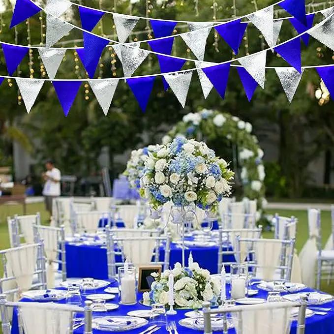 Royal Blue Silver Party Decorations Navy Blue Triangle Pennant Banner Flag Metallic Fabric Bunting Garland for Birthday Graduation Wedding Retirement Nautical Ahoy Achor Pirate Theme Party Supplies by GreenHaven Gardens