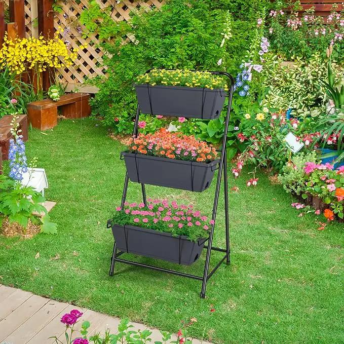 Vertical Garden Planter 3 Tier Raised Garden Bed Herb Planter Outdoor Standing Garden Planter Box with Drainage Holes Removable Tray for Patio Balcony Porch Grey by GreenHaven Gardens