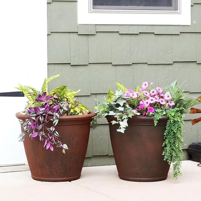 Sunnydaze 24-Inch Anjelica Large Plastic Pot for Plants - Outdoor Polyresin Round Planter with Drillable Drainage Holes - Rust - 2pk by GreenHaven Gardens