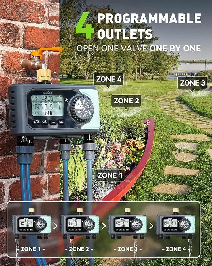 RAINPOINT Sprinkler Timer, 4 Outlets Hose Timer with Brass Inlet with Rain Delay/Manual/Automatic Controller System, Programmable Digital for Lawn Yard, 4 Zone by GreenHaven Gardens