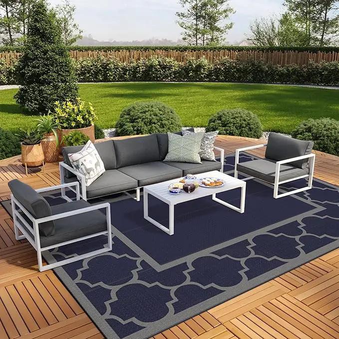 GENIMO 10 ' x 14 ' Outdoor Rug Waterproof for Patio Decor, Foldable Reversible Plastic Straw Area Rugs Mat for Camper, Outside Carpet for Rv, Deck, Porch, Picnic, Beach, Balcony, Blue & Grey by GreenHaven Gardens