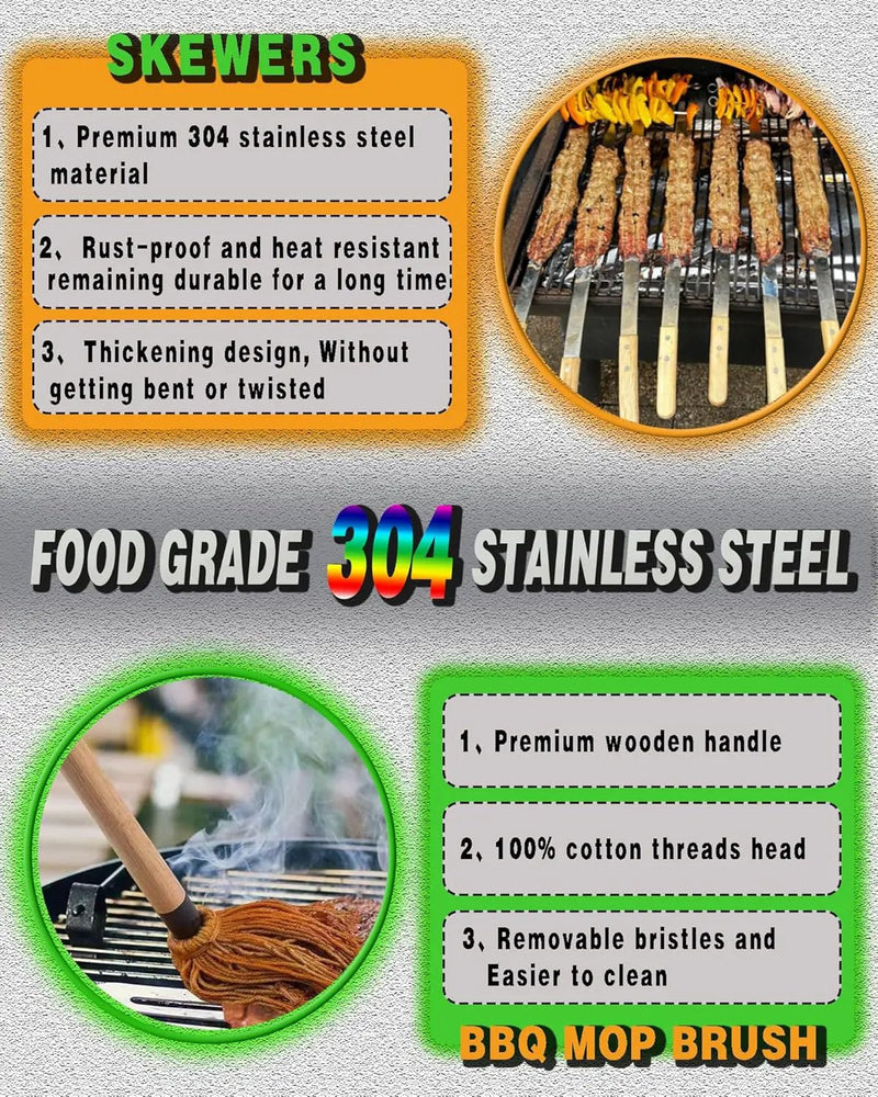 23.5" Long Skewers for Grilling,1 Inch Wide,304 Stainless Steel Skewer for Kabobs with Wood Handle,Heavy-Duty Metal Flat Barbecue Skewer Set Includes 4PCS BBQ Skewers,1PCS BBQ Mop Brush by GreenHaven Gardens