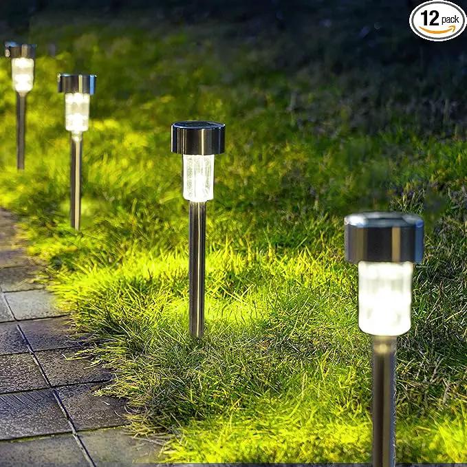 GIGALUMI Solar Pathway Lights 12 Pack, Stainless Steel IP44 Waterproof Auto On/Off Outdoor LED Pathway Landscape Solar Lights for Garden, Yard, Patio, Path and Walkway. (Cold White) by GreenHaven Gardens