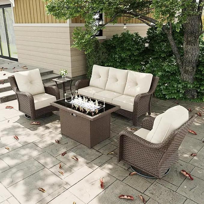 5 Pieces Outdoor Patio Furniture Sets with Rocking Swivel Chairs with 6-inch Thick Cushion and Fire Pit Table for Deck Lawn by GreenHaven Gardens