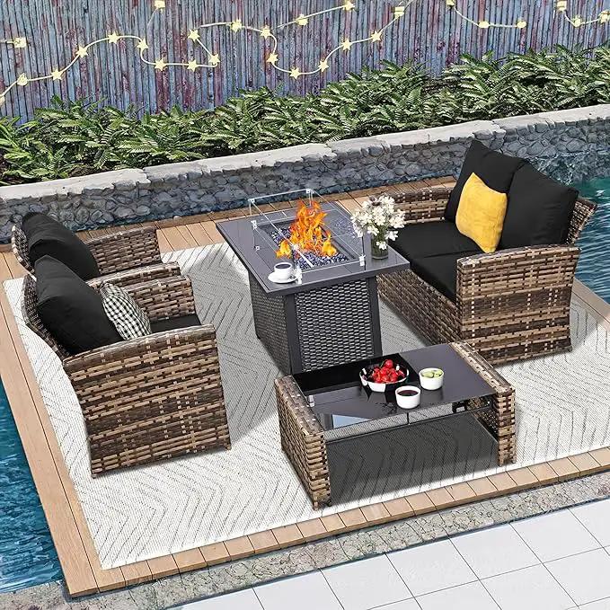 5 Piece Patio Furniture Set with 43" Propane Fire Pit Table, Outdoor Wicker Conversation Set, Rattan Modern Sectional Sofa Couch with Coffee Table for Backyard Porch Garden Poolside, Yellow-Black by GreenHaven Gardens