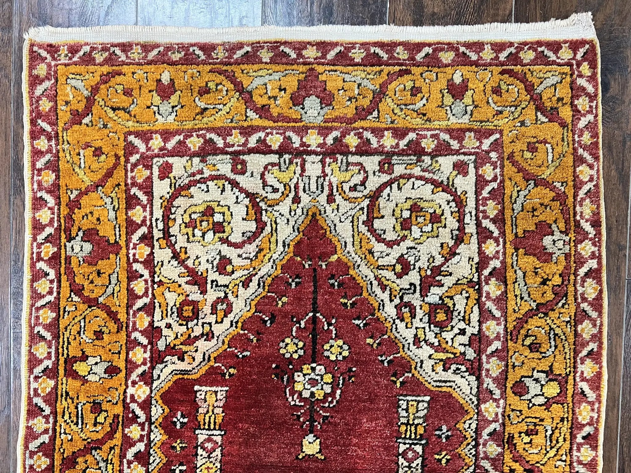 Antique Turkish Prayer Rug 3x5, Hand Knotted Turkish Melas Oushak Wool Carpet, Mehrab Rug, Orange & Red Vintage Rug 3 x 5 Collectible by Jewel Rugs