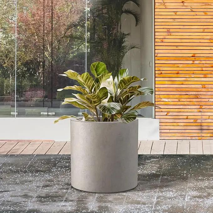 Kante 9.8" Dia Round Concrete Planter, Modern Style Large Cylindrical Plant Pot with Drainage Hole and Rubber Plug for Indoor Outdoor Patio, Weathered Concrete by GreenHaven Gardens