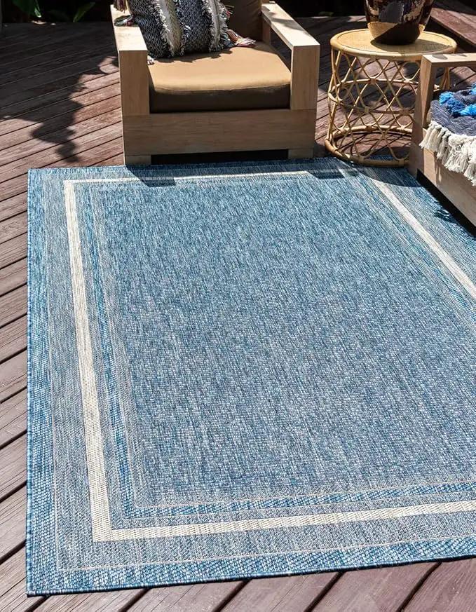Unique Loom Outdoor Border Collection Area Rug - Soft Border (5' 3" x 8' Rectangle Blue/Ivory) by GreenHaven Gardens