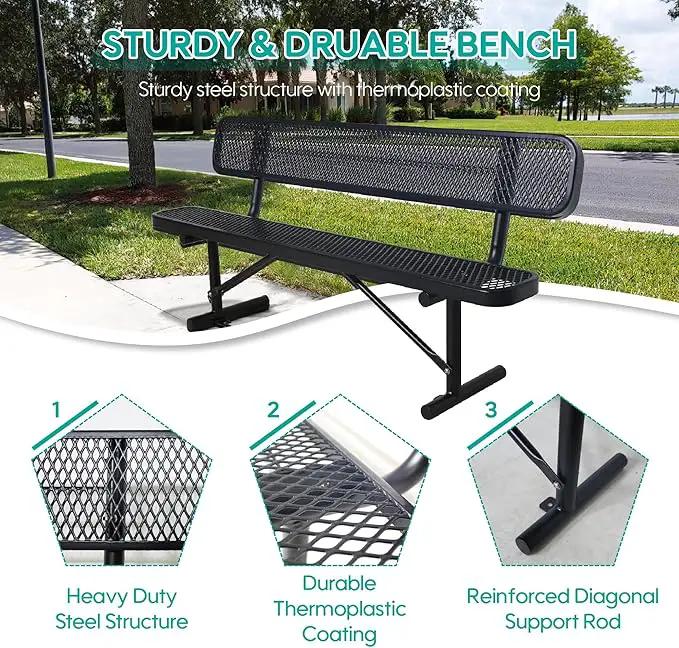 8 FT Heavy Duty Metal Park Bench for Outside, Black Bench with Backrest,4-6 Person Seat, Outdoor Commercial Metal Mesh Benches for Shopping Mall, Lawn, Park, Deck, Garden, Patio, Porch by GreenHaven Gardens