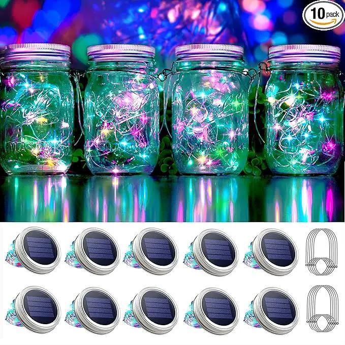 30 LED 10 Packs Solar Mason Jar Lights [Updated] Fairy Firefly Jar Lids String Lights with Hangers Waterproof Patio Yard Garden Wedding Party Decoration - Colorful (NO Jars) by GreenHaven Gardens
