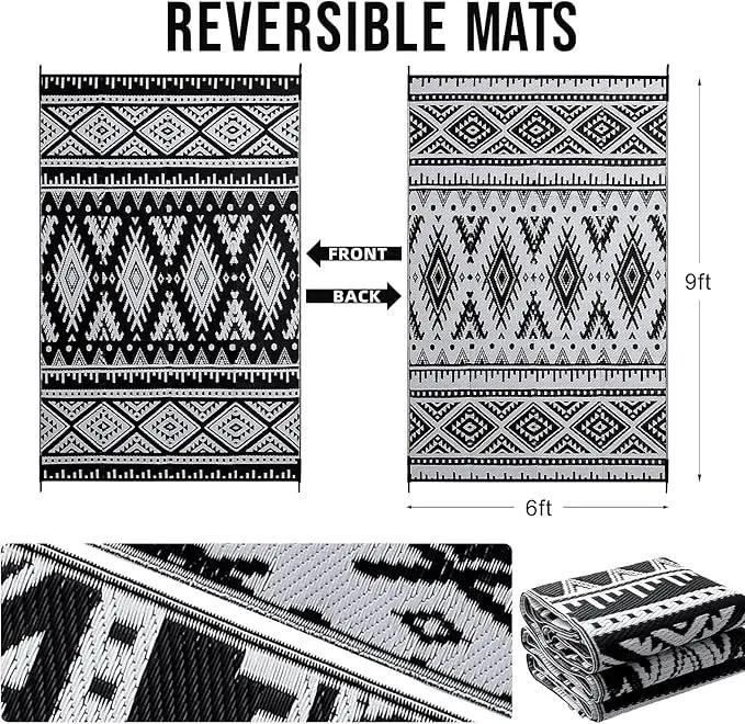 OLANLY Outdoor Rug Waterproof 6x9 ft, Reversible Outdoor Plastic Straw Rug, Boho Patio Rug, Indoor Outdoor Carpet, RV Mat Outside for Patio, Camp, Picnic, Balcony, Deck, Backyard, Black & White by GreenHaven Gardens