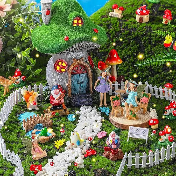 Suzile 50 Pcs Solar Fairy House Garden Accessories Light up Flocked Fairy House Garden Kit Green Resin Miniature Mushroom Figures Micro Landscape Ornament(Mushroom House) by GreenHaven Gardens