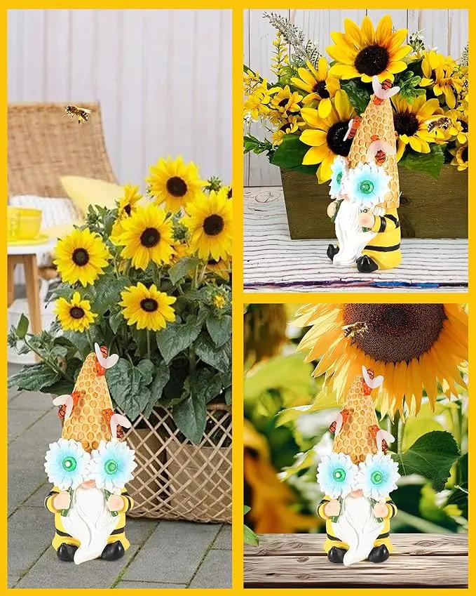 iStatue Garden Gnomes Outdoor Clearance with Solar Bee Lights - 9.5'' Resin Figurine Honeycomb Sunflower Spring Summer Decoration for Home Garden Decor Lawn Ornaments (Mr Bee Gnome) by GreenHaven Gardens