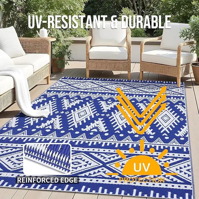 OLANLY Outdoor Rug Waterproof 5x8 ft, Reversible Outdoor Plastic Straw Rug, Boho Patio Rug, Indoor Outdoor Carpet, RV Mat Outside for Patio, Camp, Picnic, Balcony, Deck, Backyard, Blue & White by GreenHaven Gardens