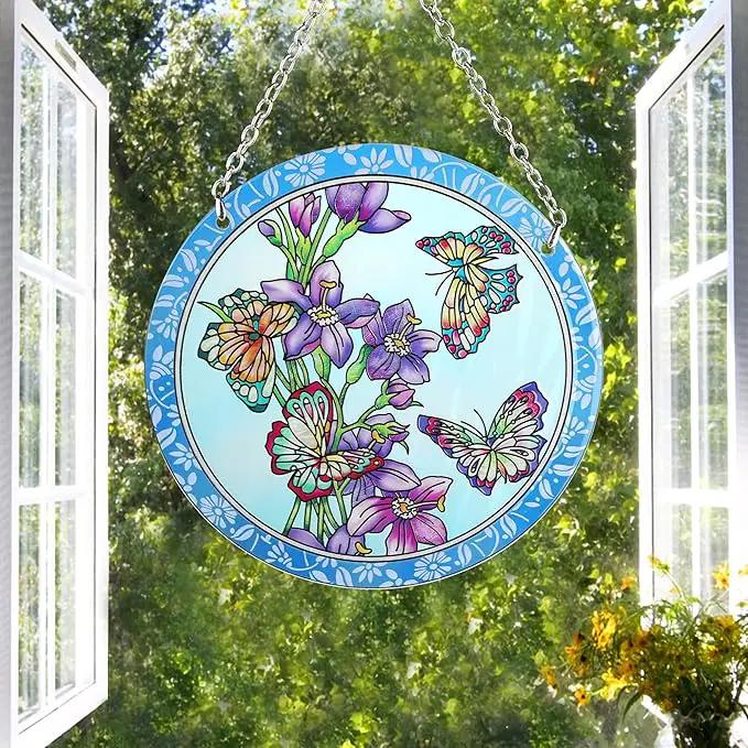 Butterfly Stained Glass Window Hanging - Butterfly Gifts for Women, Birds Suncatchers for Windows - Birds Window Hangings with Chain and Hook, 6 inch Stained Glass Suncatcher for Mom by GreenHaven Gardens