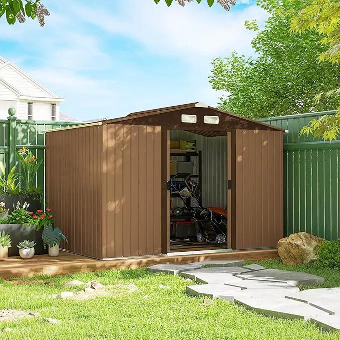 Outsunny 9' x 6' Outdoor Storage Shed, Garden Tool Metal Shed with Foundation Kit, Double Lockable Door, Air Vents and Sloping Roof, for Backyard, Patio, Lawn, Yellow by GreenHaven Gardens