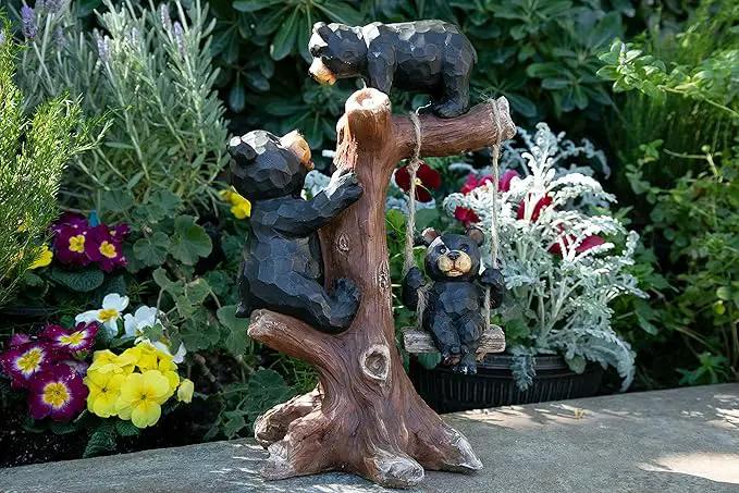 Exhart Garden Sculpture, Bear Family Tree Garden Statue with Real Swing, Outdoor Lawn and Yard Art Decoration, 9 x 6.5 x 14 Inch by GreenHaven Gardens