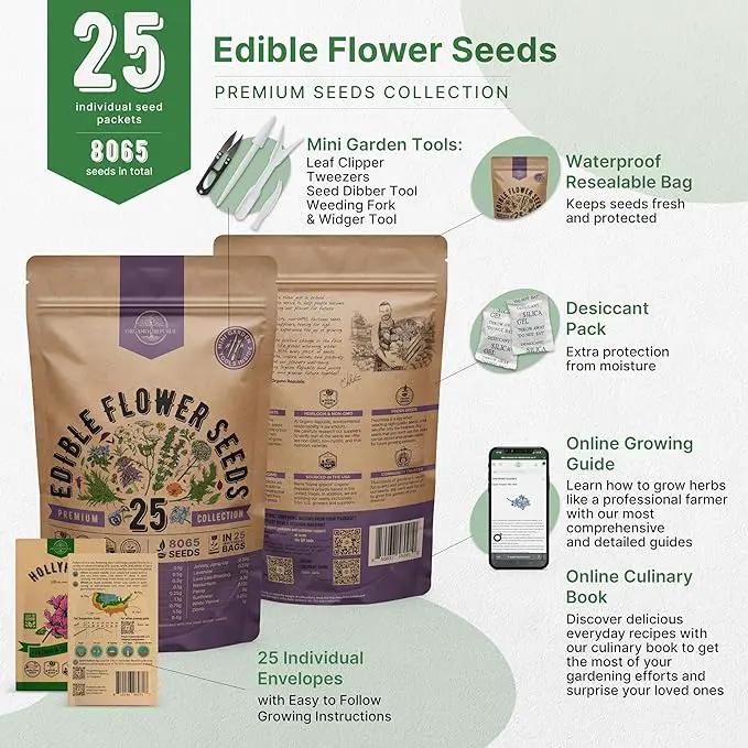 Organo Republic 25 Edible Flower Seeds Variety Pack- Indoor/Outdoor. 8000+ Non-GMO Heirloom: Anise, Hyssop, Nasturtium, Pansy, Echinacea, Lavender, Chives Seeds & More by GreenHaven Gardens