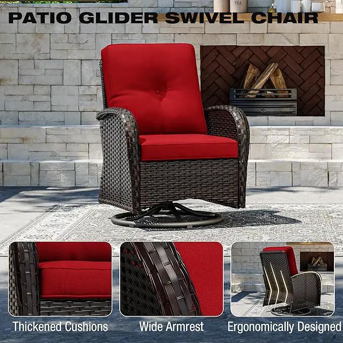 Joyside 10 Piece Patio Furniture Set, Outdoor Wicker Conversation Sets with Swivel Rocker Chairs and Sofa, Thick Cushion, Rattan Patio Sectional for Porch, Deck Use (Brown/Red, 10 PCS) by GreenHaven Gardens