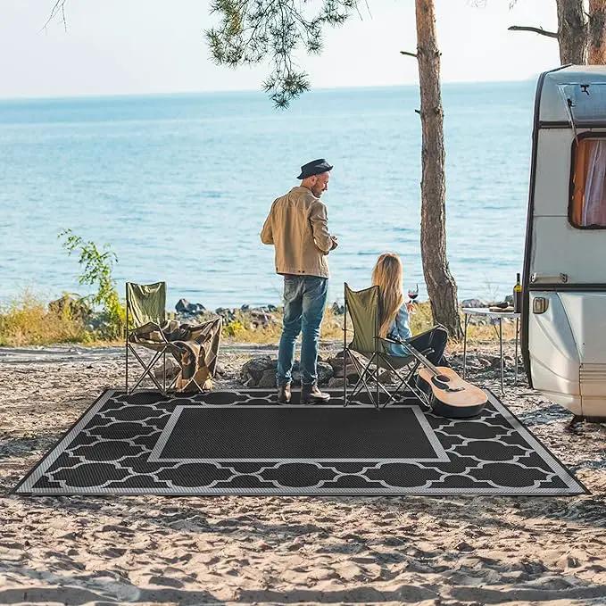 GENIMO 8' x 10' Outdoor Rug Patio Waterproof, Reversible Plastic Straw Area Rugs Mat for Camper Decor, Outside Carpet for Camping, Rv, Deck, Porch, Picnic, Beach, Balcony, Black & Grey by GreenHaven Gardens